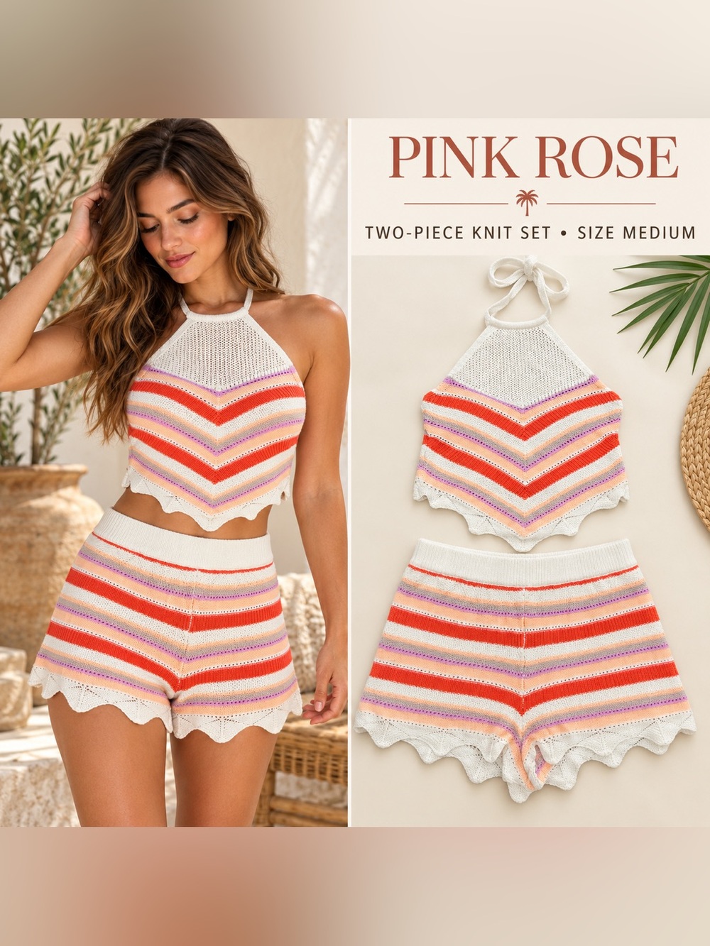 Pink Rose Striped Knit Halter Top & Shorts Set – Medium